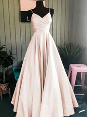 Party Dress For Christmas Party, A-Line/Princess Spaghetti Straps Floor-Length Satin Prom Dresses With Ruffles