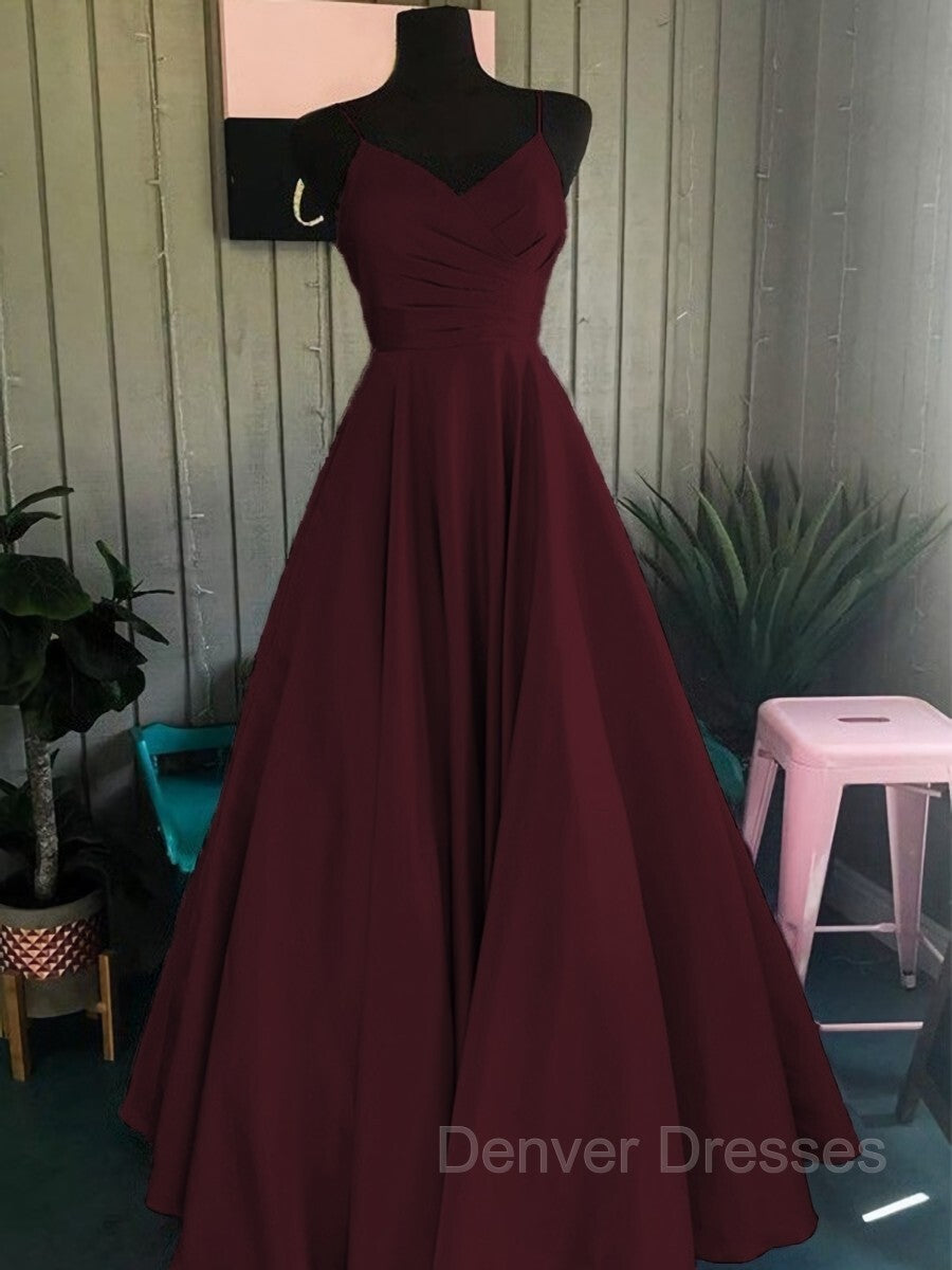 Party Dresses For Christmas Party, A-Line/Princess Spaghetti Straps Floor-Length Satin Prom Dresses With Ruffles