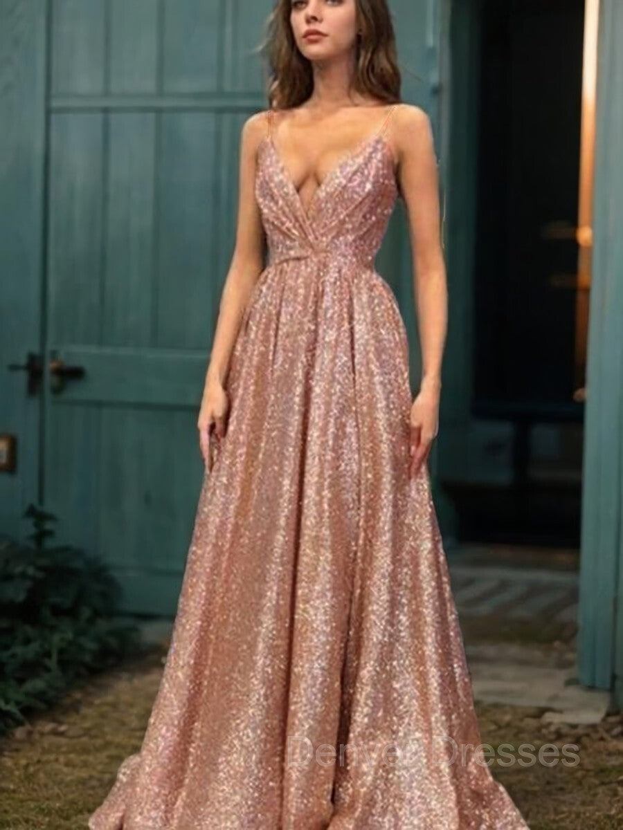 Party Dress Code Ideas, A-Line/Princess Spaghetti Straps Floor-Length Sequins Evening Dresses With Ruffles