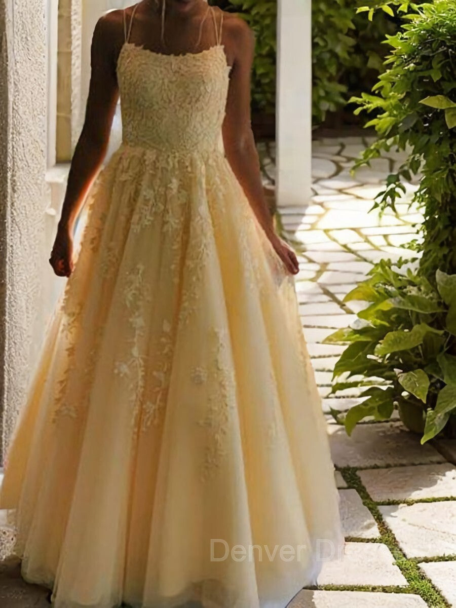Prom Dresses Spring, A-Line/Princess Spaghetti Straps Floor-Length Tulle Prom Dresses With Appliques Lace