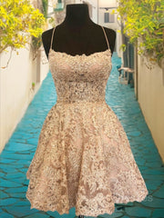 Party Dress Boho, A-Line/Princess Spaghetti Straps Short/Mini Lace Homecoming Dresses With Appliques Lace