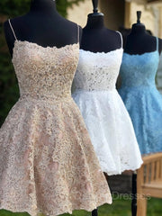 Party Dress Silk, A-Line/Princess Spaghetti Straps Short/Mini Lace Homecoming Dresses With Appliques Lace