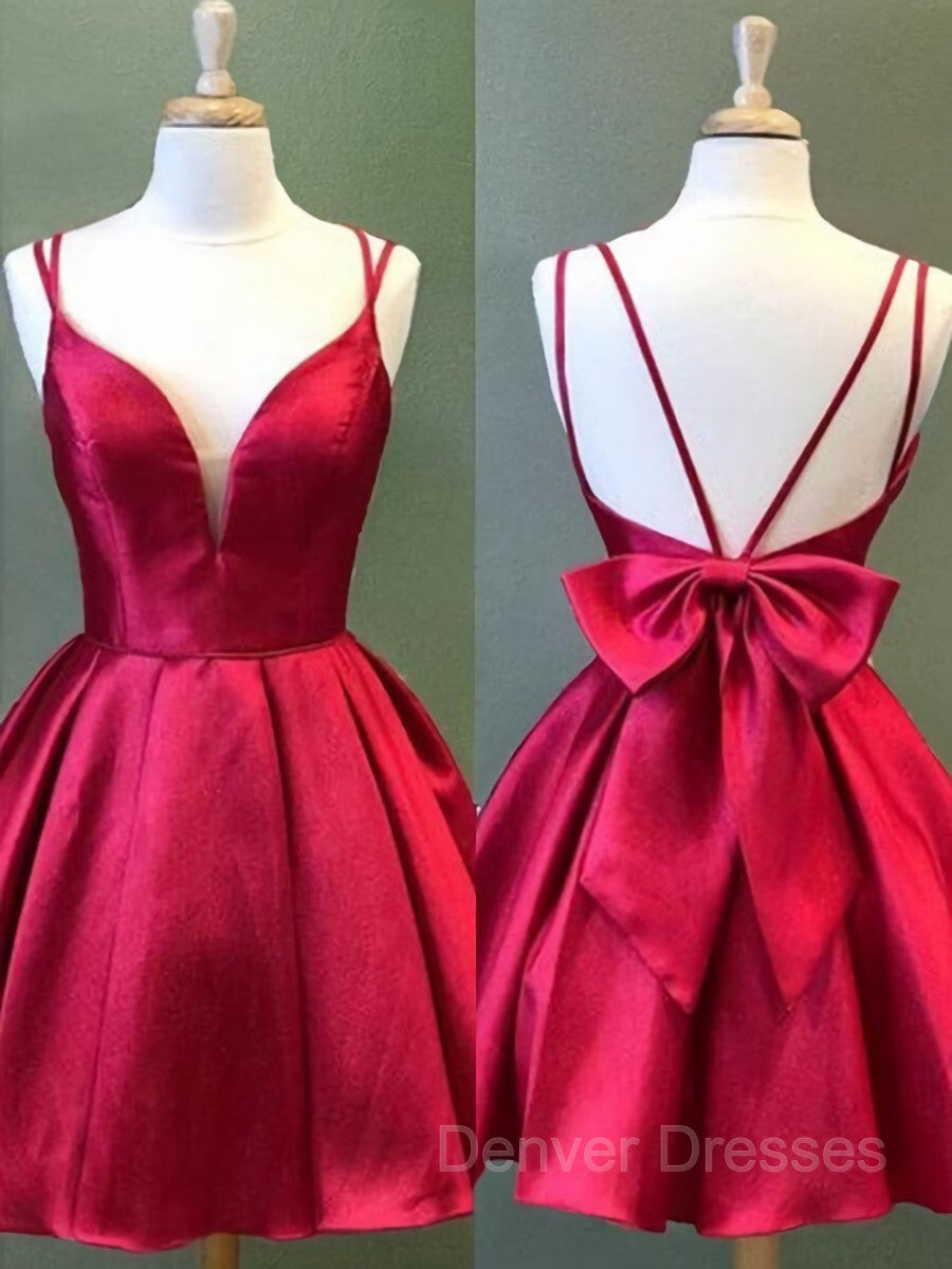 Party Dresses For Weddings, A-Line/Princess Spaghetti Straps Short/Mini Satin Homecoming Dresses With Bow