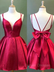 Party Dresses For Weddings, A-Line/Princess Spaghetti Straps Short/Mini Satin Homecoming Dresses With Bow