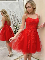Prom Dressed Short, A-Line/Princess Spaghetti Straps Short/Mini Tulle Homecoming Dresses With Appliques Lace
