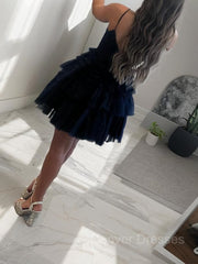 Party Dress Top, A-Line/Princess Spaghetti Straps Short/Mini Tulle Homecoming Dresses With Ruffles