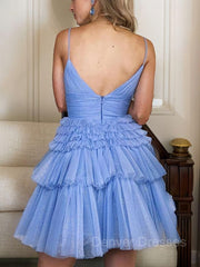 Bridesmaid Dresses Long Sleeve, A-Line/Princess Spaghetti Straps Short/Mini Tulle Homecoming Dresses With Ruffles