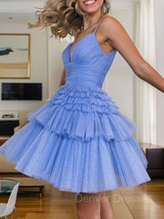 Bridesmaids Dresses Long Sleeves, A-Line/Princess Spaghetti Straps Short/Mini Tulle Homecoming Dresses With Ruffles
