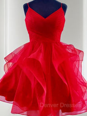 Party Dresses Outfits Ideas, A-Line/Princess Spaghetti Straps Short/Mini Tulle Homecoming Dresses With Ruffles