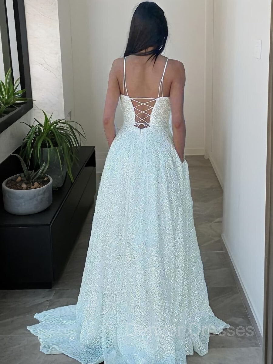 Prom Dress Outfits, A-Line/Princess Spaghetti Straps Sweep Train Sequins Prom Dresses With Pockets
