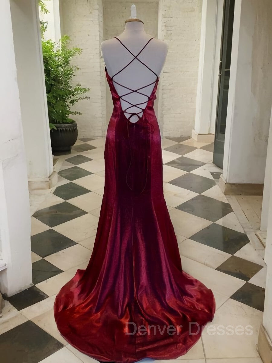 Prom Dresses Tight, A-Line/Princess Spaghetti Straps Sweep Train Velvet Prom Dresses With Leg Slit