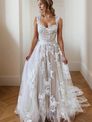 Wedding Dressing Gown, A-line/Princess Square Court Train Tulle Wedding Dress with Appliques Lace