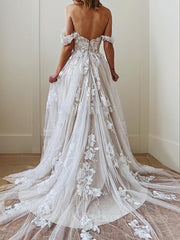 Wedding Dresses Open Back, A-line/Princess Square Court Train Tulle Wedding Dress with Appliques Lace