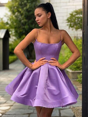 Party Dress For Wedding, A-Line/Princess Square Short/Mini Satin Homecoming Dresses With Ruffles