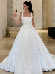 Wedding Dresses Sleeve Lace, A-Line/Princess Square Sweep Train Satin Wedding Dresses