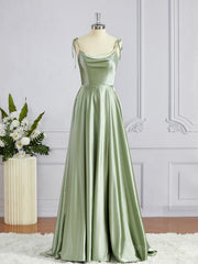 Prom Dress 2041, A-Line/Princess Square Sweep Train Silk like Satin Bridesmaid Dresses with Leg Slit
