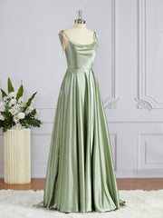 Party Dresses And Jumpsuits, A-Line/Princess Square Sweep Train Silk like Satin Bridesmaid Dresses with Leg Slit