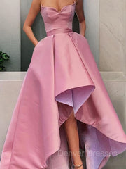 Prom Dress Different, A-Line/Princess Strapless Asymmetrical Satin Prom Dresses With Pockets