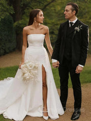 Wedding Dresses Beautiful, A-Line/Princess Strapless Cathedral Train Stretch Crepe Wedding Dresses With Leg Slit