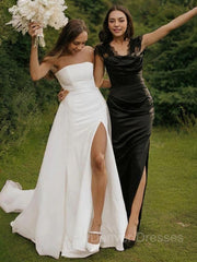 Wedding Dresses For Bridesmaids, A-Line/Princess Strapless Cathedral Train Stretch Crepe Wedding Dresses With Leg Slit