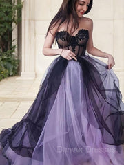 Prom Dresses2036, A-Line/Princess Strapless Court Train Tulle Prom Dresses With Appliques Lace