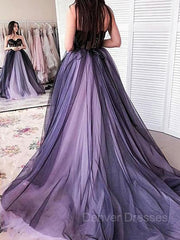 Prom Dresses Princesses, A-Line/Princess Strapless Court Train Tulle Prom Dresses With Appliques Lace