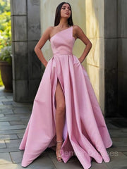 Prom Dresses For Girl, A-Line/Princess Strapless Floor-Length Satin Prom Dresses With Leg Slit
