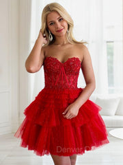 Homecomeing Dresses Blue, A-line/Princess Strapless Short/Mini Tulle Homecoming Dress with Cascading Ruffles