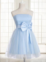 Prom Dress Guide, A-Line/Princess Strapless Short/Mini Tulle Homecoming Dresses With Bow