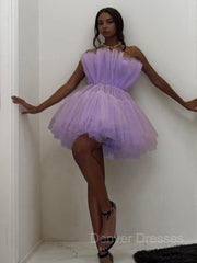 Prom Dresses Patterns, A-Line/Princess Strapless Short/Mini Tulle Homecoming Dresses With Cascading Ruffles
