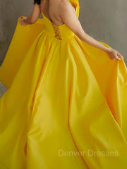 Prom Dress Website, A-Line/Princess Strapless Sweep Train Satin Prom Dresses With Leg Slit