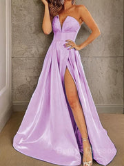 Formal Dresses On Sale, A-Line/Princess Strapless Sweep Train Satin Prom Dresses With Leg Slit