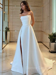 Wedding Dresses Sales, A-Line/Princess Strapless Sweep Train Satin Wedding Dresses With Leg Slit