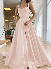 Bridesmaid Dress Spring, A-Line/Princess Straps Court Train Satin Prom Dresses With Pockets