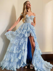Formal Dress Homecoming, A-Line/Princess Straps Court Train Tulle Prom Dresses With Leg Slit