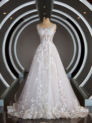 Wedding Dress Trains, A-Line/Princess Straps Court Train Tulle Wedding Dresses with Appliques Lace
