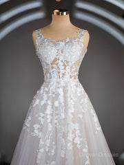 Wedding Dress On Sale, A-Line/Princess Straps Court Train Tulle Wedding Dresses with Appliques Lace