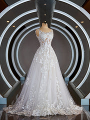 Wedding Dresses On Sale, A-Line/Princess Straps Court Train Tulle Wedding Dresses with Appliques Lace