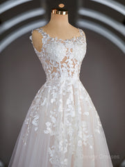 Wedding Dresses With Sleeves Lace, A-Line/Princess Straps Court Train Tulle Wedding Dresses with Appliques Lace
