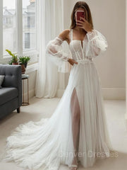 Wedding Dress Back, A-Line/Princess Straps Court Train Tulle Wedding Dresses With Leg Slit