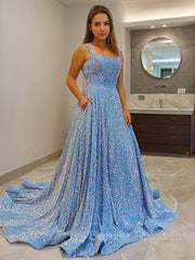Grad Dress, A-Line/Princess Straps Court Train Velvet Sequins Prom Dresses With Pockets