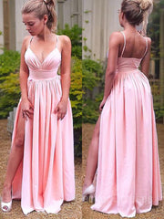 Evening Dresses Long Elegant, A-Line/Princess Straps Floor-Length Stretch Crepe Prom Dresses With Leg Slit