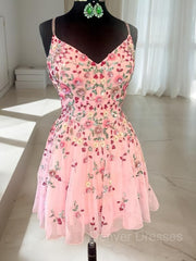 Homecoming Dress Sparkles, A-line/Princess Straps Short/Mini Lace Homecoming Dress with Appliques Lace