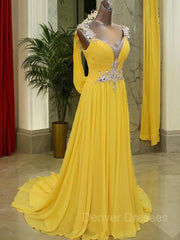 Evening Dresses Open Back, A-Line/Princess Straps Sweep Train Chiffon Prom Dresses With Beading