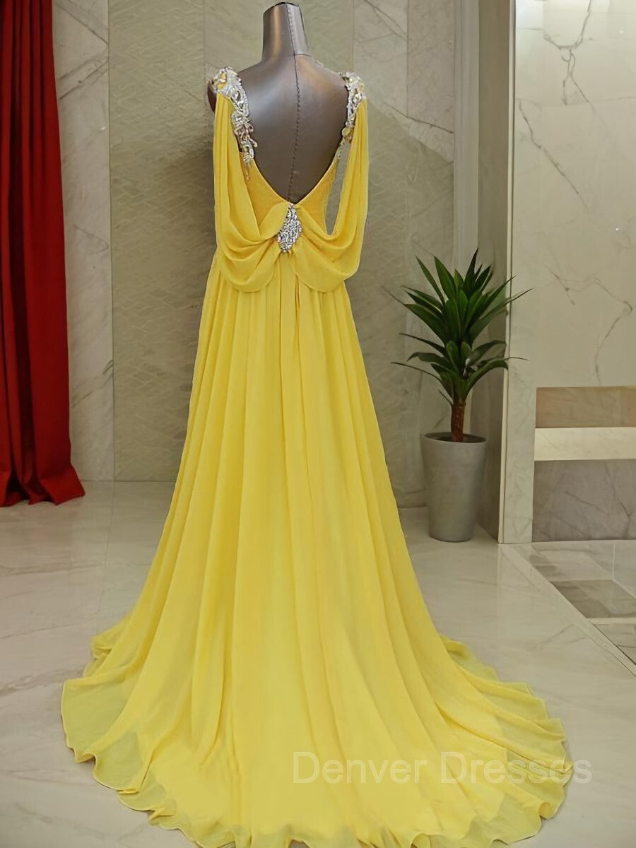 Evening Dresses Elegant Classy, A-Line/Princess Straps Sweep Train Chiffon Prom Dresses With Beading