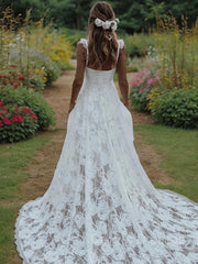 Wedding Dresses Girls, A-Line/Princess Straps Sweep Train Lace Wedding Dresses