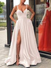 Bridesmaid Dress Pink, A-Line/Princess Straps Sweep Train Satin Prom Dresses With Leg Slit
