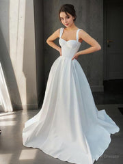 Wedding Dress Country, A-Line/Princess Straps Sweep Train Satin Wedding Dresses
