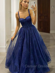 Prom Dress Boutiques Near Me, A-Line/Princess Straps Sweep Train Tulle Prom Dresses With Ruffles
