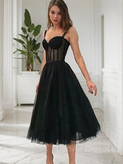 Prom Dresses For Adults, A-Line/Princess Straps Tea-Length Lace Homecoming Dresses With Ruffles